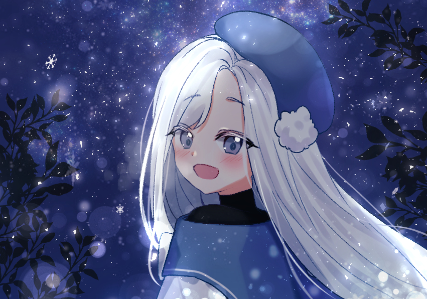1girl beret black_shirt blue_hat blue_sailor_collar blush bow hat long_hair looking_at_viewer looking_to_the_side mamel_27 night night_sky original outdoors purple_eyes sailor_collar shirt silver_hair sky snowflakes solo star_(sky) starry_sky upper_body white_bow