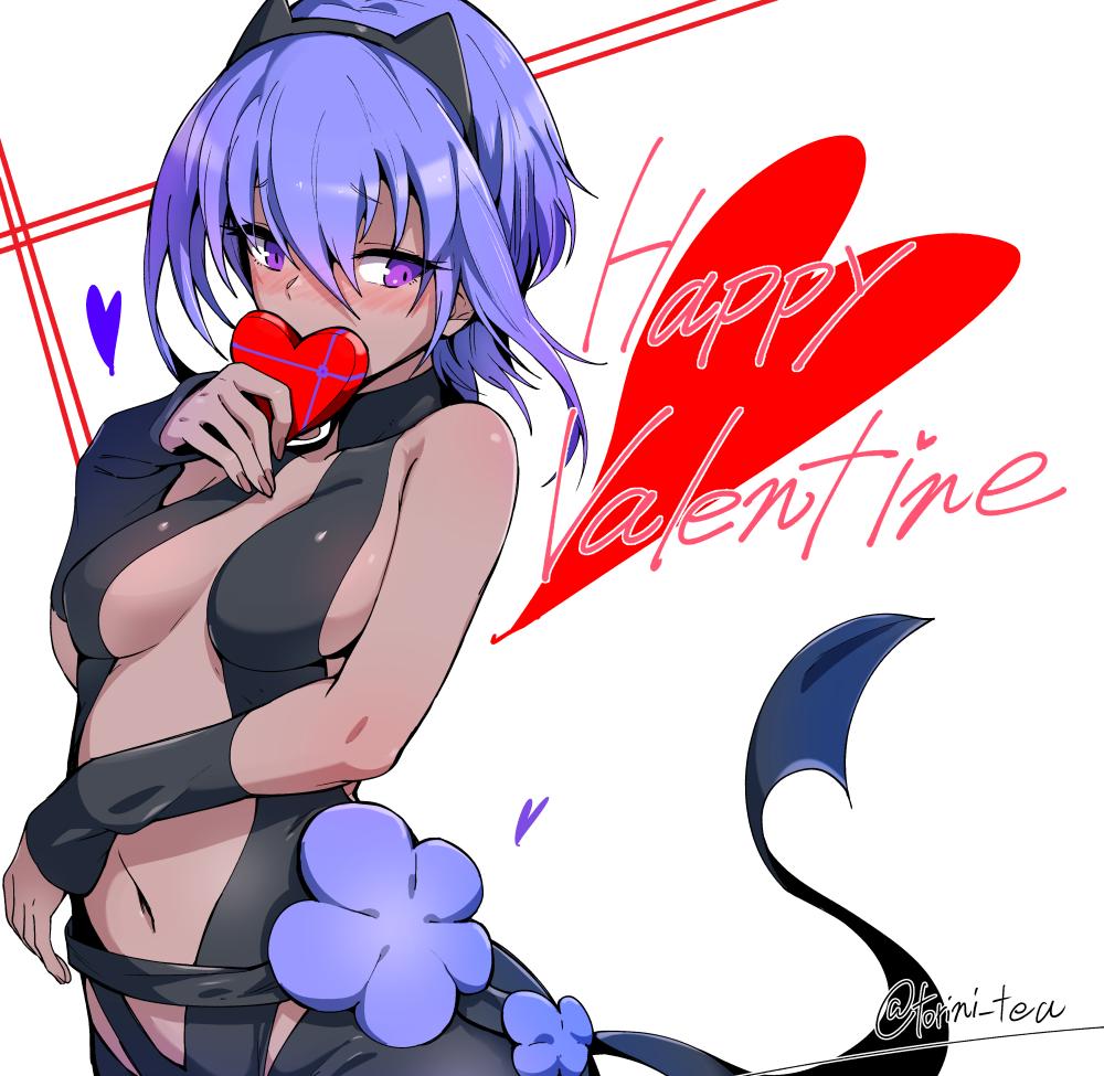 1girl animal_ears blush box breasts bridal_gauntlets cat_ears cleavage cleavage_cutout collar commentary_request covering_mouth dark_skin fake_animal_ears fate/grand_order fate_(series) hair_between_eyes hairband happy_valentine hassan_of_serenity_(fate) heart heart-shaped_box leotard medium_breasts navel nose_blush purple_eyes purple_hair short_hair sidelocks sleeveless solo standing torichamaru twitter_username upper_body valentine white_background