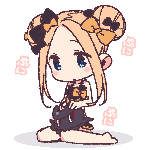 1girl abigail_williams_(fate/grand_order) animal barefoot bikini black_bikini black_bow blonde_hair blue_eyes blush blush_stickers bow chibi closed_mouth double_bun emerald_float eyebrows_visible_through_hair fate/grand_order fate_(series) forehead hair_bow long_hair lowres octopus orange_bow shadow sidelocks simple_background sitting swimsuit tokitarou_(fate/grand_order) wariza white_background yoru_nai