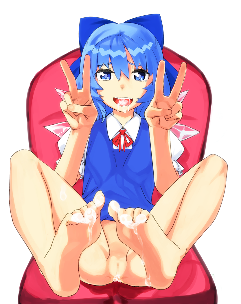artist_request barefoot censored cirno cum cum_on_body cum_on_feet cum_on_lower_body facial feet foot soles source_request toes touhou