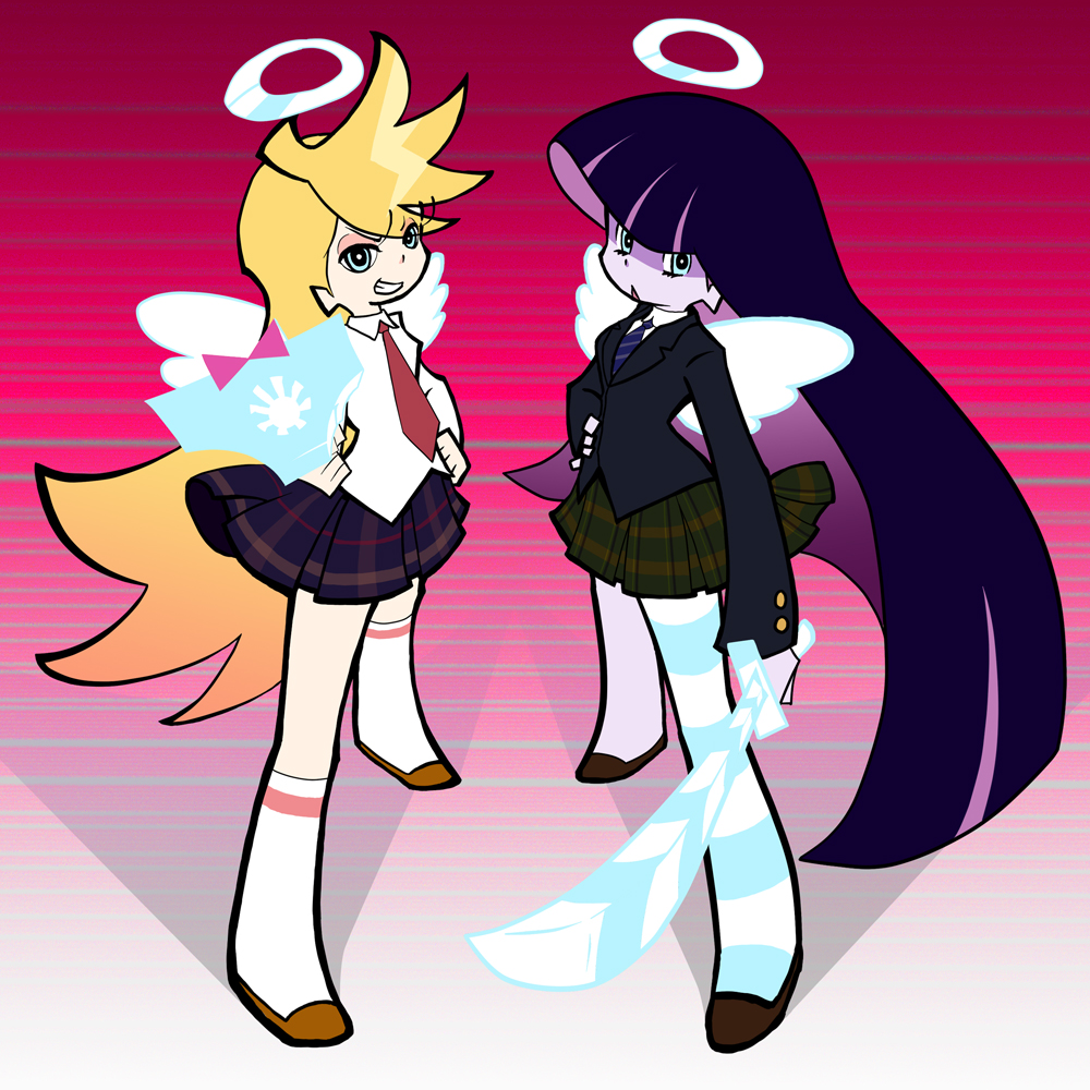 angel artist_request gun halo necktie panty_&amp;_stocking_with_garterbelt panty_(character) panty_(psg) school_uniform skirt stocking_(character) stocking_(psg) sword weapon wings