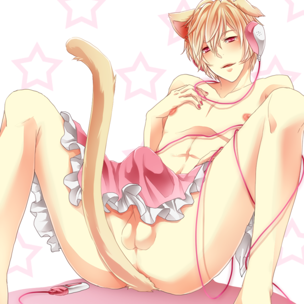animal_ears apron blonde_hair bulge cat_ears cat_tail catboy durarara!! erection heiwajima_shizuo male male_focus penis pink red_eyes sitting solo tail testicles uncensored