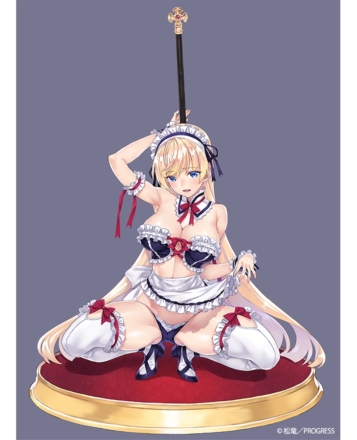 1girl apron apron_lift arm_garter arm_up armpits bare_shoulders black_bra black_panties blonde_hair blue_eyes bra breasts cleavage commentary_request cross-laced_footwear detached_collar flipped_hair frilled_bra frills gluteal_fold high_heels large_breasts long_hair maid_headdress matsuryuu mayuri_mariani original panties simple_background smile solo spread_legs squatting thighhighs underwear underwear_only very_long_hair waist_apron white_legwear wrist_cuffs