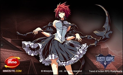 angela_(rusty_hearts) red_hair rusty_hearts skirt solo weapon