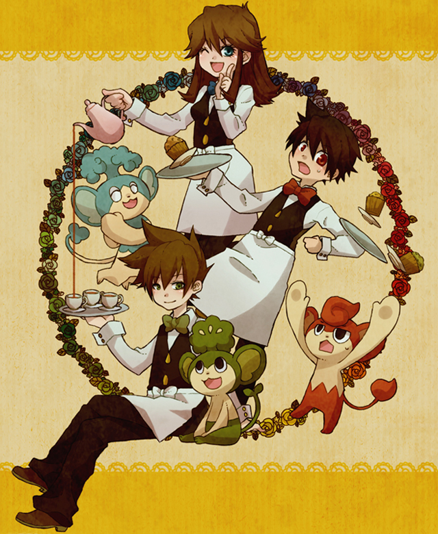 2boys :d alternate_costume apron blue_(pokemon) bow bowtie brown_hair corn_(pokemon) corn_(pokemon)_(cosplay) cosplay cup dent_(pokemon) dent_(pokemon)_(cosplay) flower food hair_between_eyes holding long_hair monkey multiple_boys one_eye_closed ookido_green open_mouth orange_background pod_(pokemon) pod_(pokemon)_(cosplay) pokemon pokemon_(game) pokemon_bw pokemon_frlg pokemon_special pouring red_(pokemon) rose smile tea teacup tray umeko_(0516) waiter