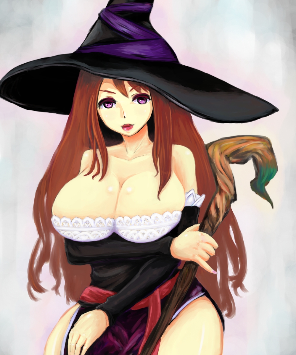 artist_request breasts cleavage dragon's_crown dragon's_crown hat highres huge_breasts sorceress_(dragon's_crown) sorceress_(dragon's_crown) staff vanillaware weapon
