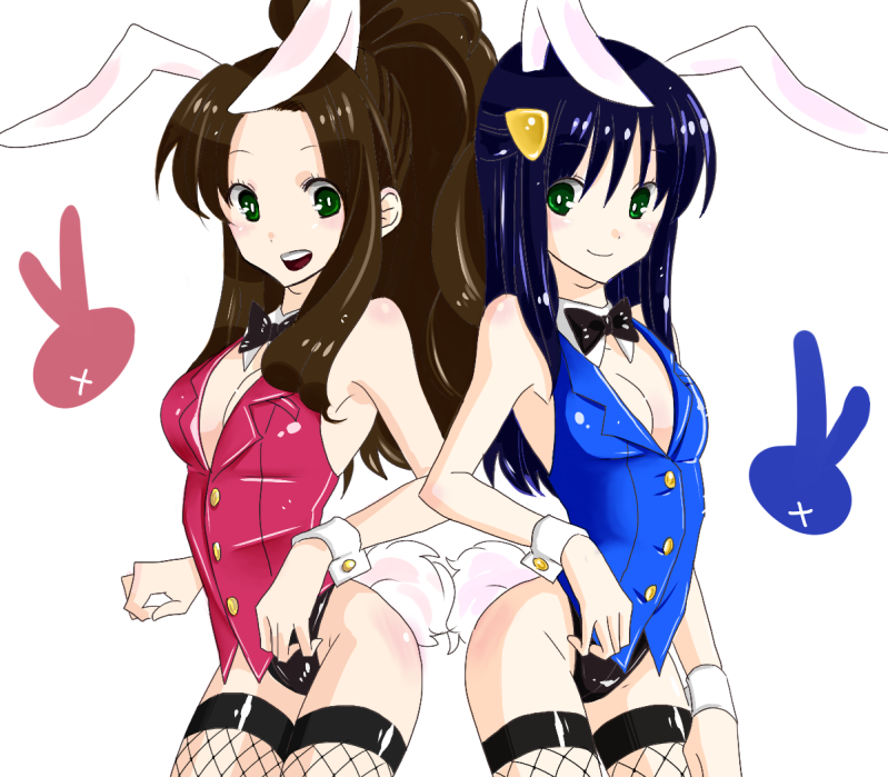 2girls animal_ears bunny bunny_ears bunnysuit dawn fishnets hikari_(pokemon) multiple_girls pokemon pokemon_(game) pokemon_bw simple_background sueno_(tochi) touko_(pokemon) white