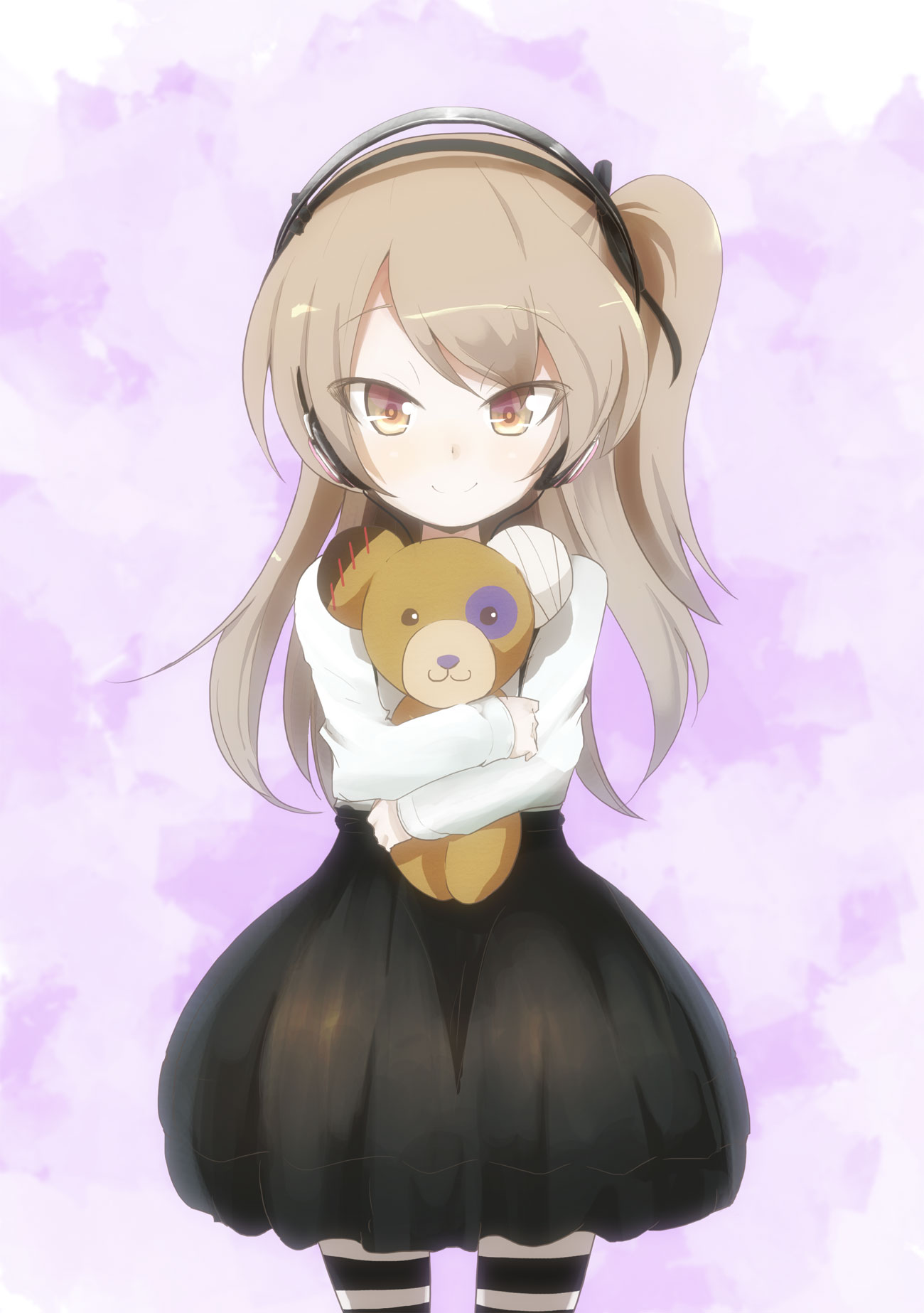 1girl bandage black_skirt boko_(girls_und_panzer) bubble_skirt commentary_request cowboy_shot eyebrows_visible_through_hair girls_und_panzer gradient gradient_background hairband headphones highres holding holding_stuffed_animal jinguu_(4839ms) light_brown_hair long_hair long_sleeves looking_at_viewer pantyhose purple_background shimada_arisu shirt side_ponytail skirt smile solo standing stitches striped striped_legwear stuffed_animal stuffed_toy teddy_bear very_long_hair white_shirt yellow_eyes