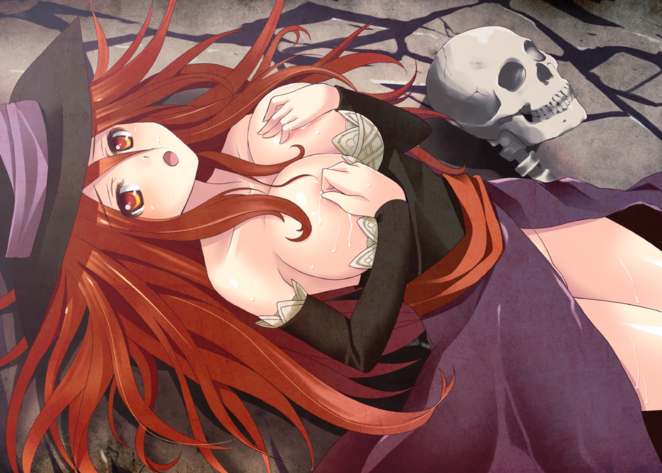 areola_slip areolae artist_request blush breasts cleavage covering dragon's_crown dragon's_crown hat huge_breasts lactation lying milk no_panties rick.black skeleton sorceress_(dragon's_crown) sorceress_(dragon's_crown) vanillaware