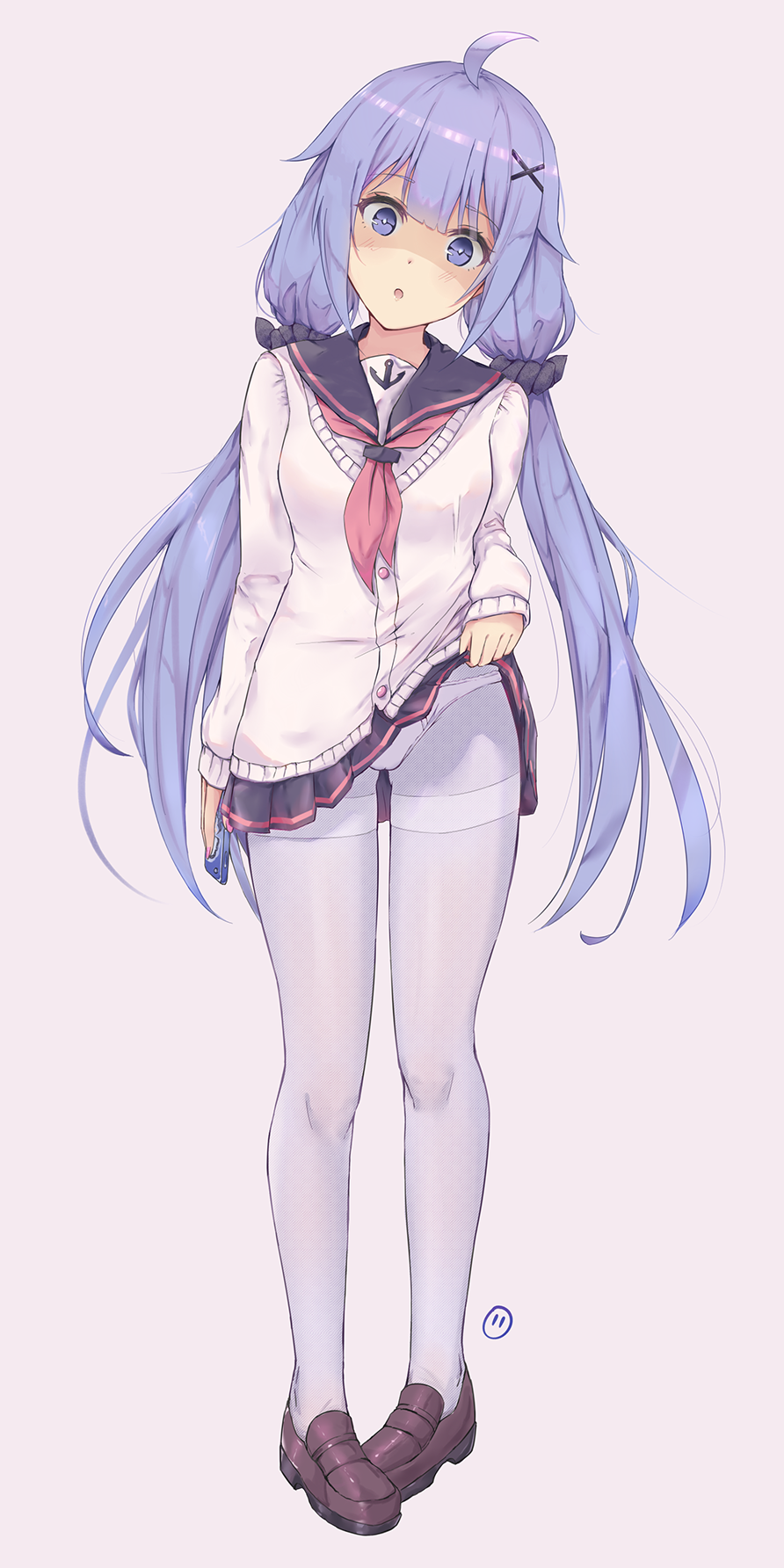 1girl :o ahoge anchor_symbol azur_lane bangs black_sailor_collar black_scrunchie black_skirt boxcutter brown_background brown_footwear cardigan envyvanity eyebrows_visible_through_hair full_body hair_ornament head_tilt highres lifted_by_self loafers long_hair long_sleeves looking_at_viewer low_twintails neckerchief open_mouth panties panties_over_pantyhose pantyhose parted_lips pigeon-toed pink_neckwear pleated_skirt purple_eyes purple_hair revision sailor_collar school_uniform scrunchie serafuku shoes simple_background skirt skirt_lift sleeves_past_wrists solo standing thighband_pantyhose twintails underwear unicorn_(amusement_park_date)_(azur_lane) unicorn_(azur_lane) very_long_hair white_cardigan white_legwear white_panties x_hair_ornament yandere