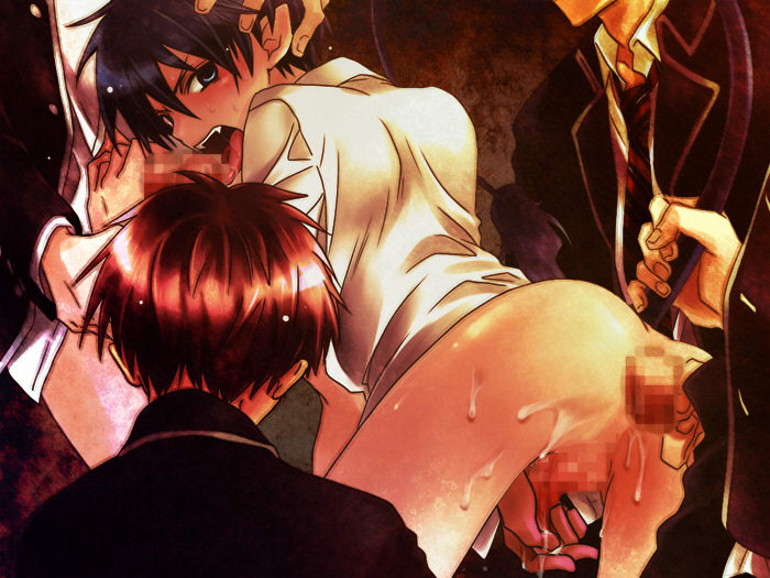 5boys anal angry ao_no_exorcist blue_eyes bottomless cum cum_on_ass flaccid four_on_one gangbang gangrape group_sex hand_on_head handjob male male_focus multiple_boys no_panties okumura_rin penis rape school_uniform schoolboy sex student tail tail_lift uniform yaoi