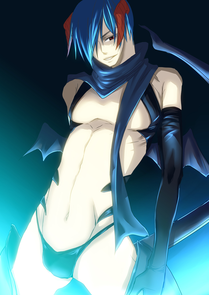 1boy bat_wings blue_hair elbow_gloves gloves horns hoshita kaito looking_at_viewer male male_focus red_eyes scarf simple_background solo thong underwear vocaloid wings