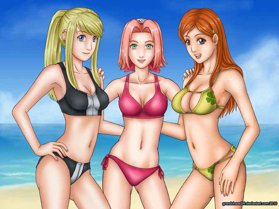 beach bleach fullmetal_alchemist grandchaossr haruno_sakura inoue_orihime naruto swimsuit tagme winry_rockbell