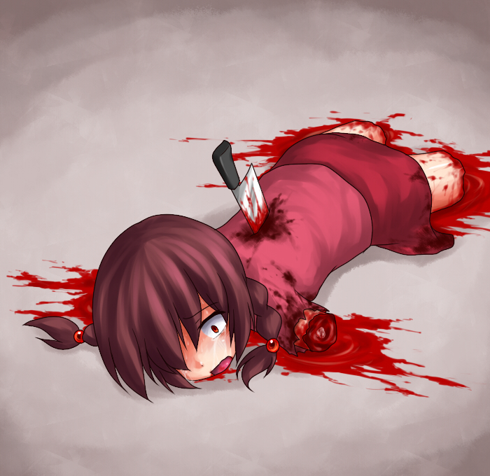 amputation aosora_(mizore) blood braid brown_hair crying death guro knife madotsuki red_eyes twin_braids yume_nikki