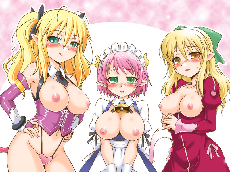 :q bell blonde_hair blush bow breastless_clothes breasts breasts_outside bridal_gauntlets brown_eyes cleavage cow_tail detached_collar elbow_gloves elfleda_mirjasdottir gloves green_eyes hair_bow hair_ribbon horns juliet_sleeves large_breasts long_hair long_sleeves looking_at_viewer lotte_no_omocha! maid maid_headdress mature mercelida_ygvar mistrune_asgrim multiple_girls navel necktie nipples nishi_kita open_clothes pink_hair pointy_ears puffy_sleeves ribbon short_hair smile tail tongue tongue_out twintails