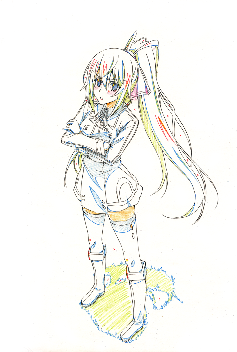 blush boots color_trace colored_pencil_(medium) crossed_arms echigo_mitsutaka from_above highres infinite_stratos knee_boots long_hair ponytail production_art shinonono_houki solo sparkle split_ponytail standing thighhighs traditional_media very_long_hair zettai_ryouiki