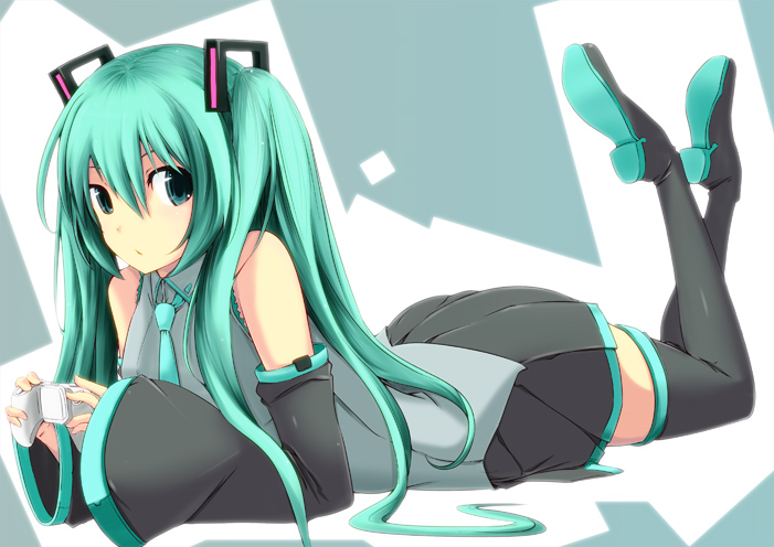 aqua_eyes aqua_hair bad_id bad_pixiv_id boots controller detached_sleeves game_controller hatsune_miku kichihachi long_hair looking_at_viewer lying necktie on_stomach skirt solo the_pose thigh_boots thighhighs twintails vocaloid zettai_ryouiki