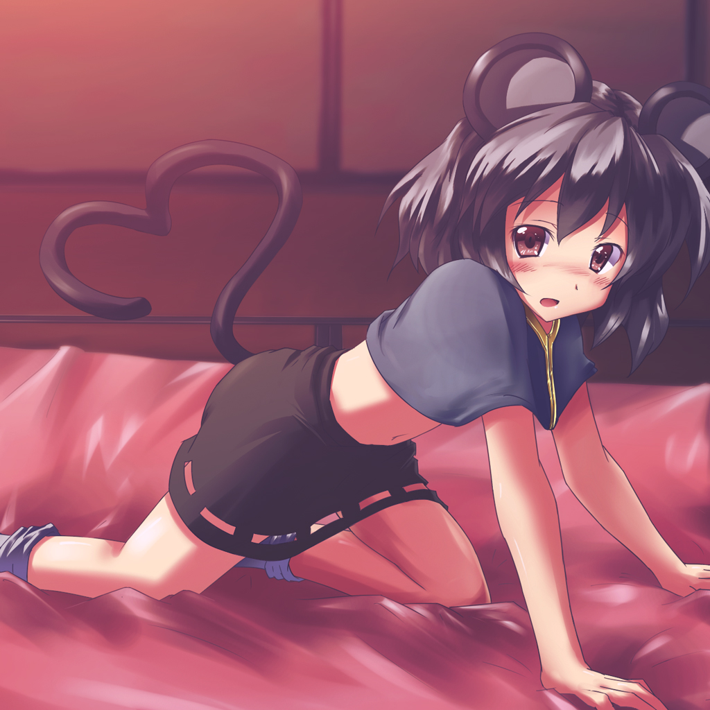 all_fours animal_ears bad_id bad_pixiv_id bed blush grey_hair heart heart_tail kneeling midriff mouse_ears mouse_tail navel nazrin red_eyes ryogo short_hair skirt solo tail touhou