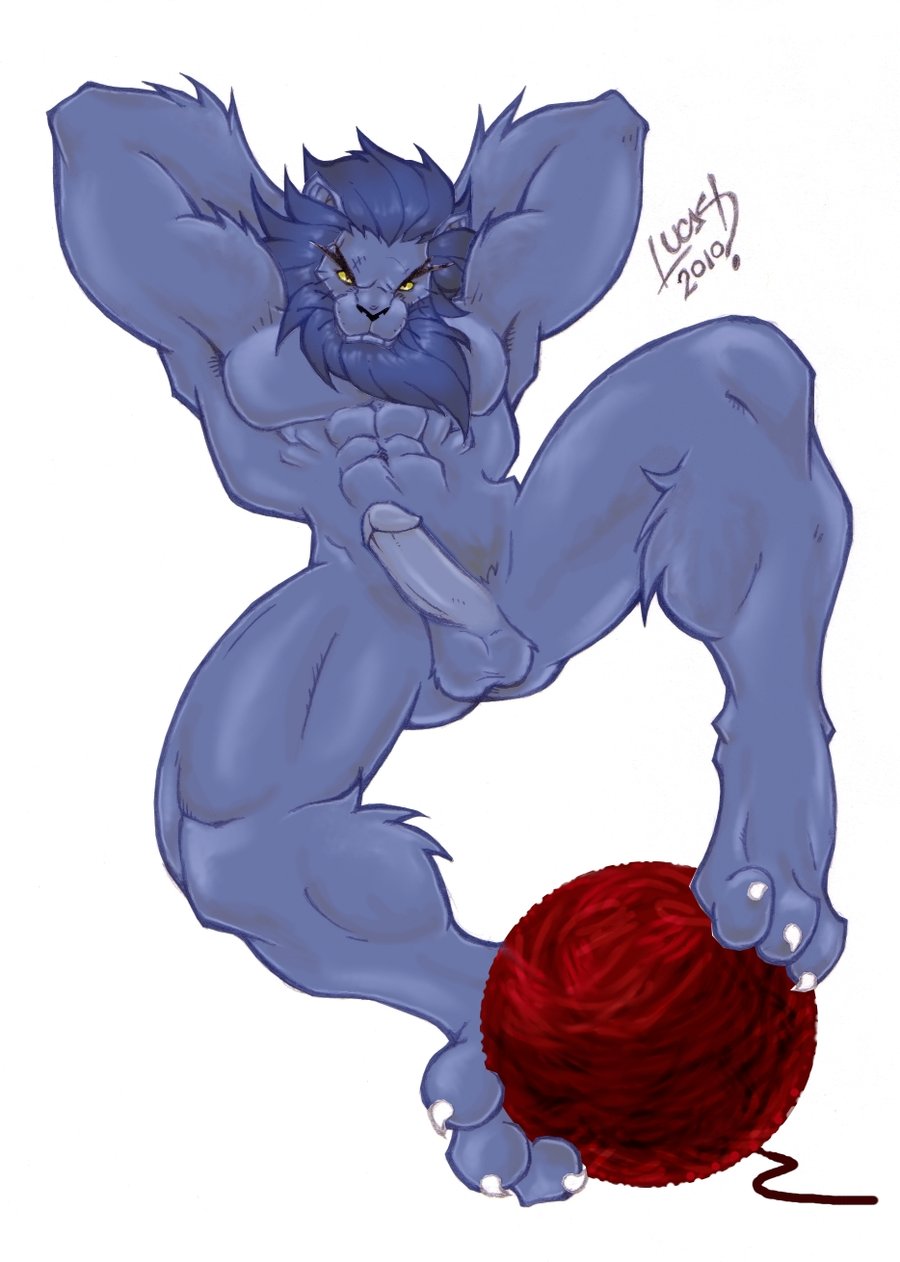 ball balls beast_(marvel) blue blue_hair claws erection feline hair hank hank_mccoy henry looking_at_viewer male mammal mane marvel mccoy muscles nude paws penis plain_background pose solo spreading unknown_artist white_background x-men yarn yellow_eyes