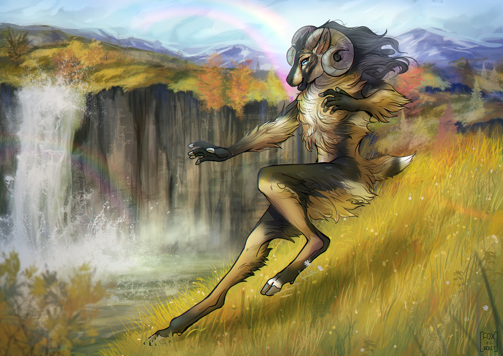 2017 5_fingers action_pose anabel_(artist) anthro biped black_fur black_tail blue_eyes bovid breasts brown_fur brown_tail caprine chest_tuft cliff cloud cloven_hooves curved_horn depth_of_field detailed detailed_background digital_drawing_(artwork) digital_media_(artwork) dipstick_tail domestic_sheep ears_back facial_markings female field flower fluffy fur galloping gloves_(marking) grass grey_hooves happy hooved_fingers hooves horizontal_pupils horn humanoid_hands icelandic_sheep inner_ear_fluff jumping lake leaf mammal markings mountain multicolored_fur multicolored_tail naturally_censored nature nipple_tuft nude open_mouth open_smile outside pine_tree plant pose r&oacute;sfridur rainbow rainbow_arch running sheep short_tail shrub side_view sky small_breasts smile snout solo tree tuft water waterfall white_fur white_tail