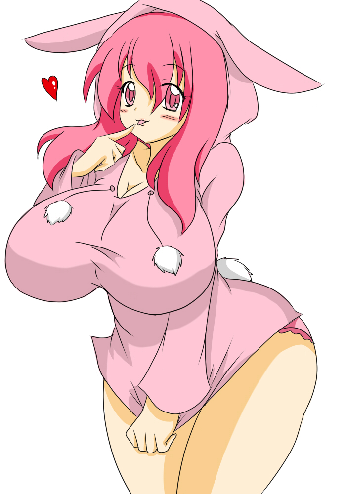 breasts bunny_ears bunny_tail curvy heart hearts hood huge_breasts long_hair original panties pink_eyes pink_hair pink_panties shirt short_skirt simple_background skirt_hold solo standing tongue wide_hips zeon_(pixiv722928)