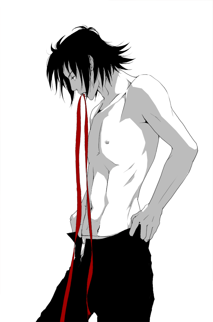 domon_kasshu g_gundam gundam headband i male male_focus monochrome simple_background solo spiked_hair spot_color topless undressing