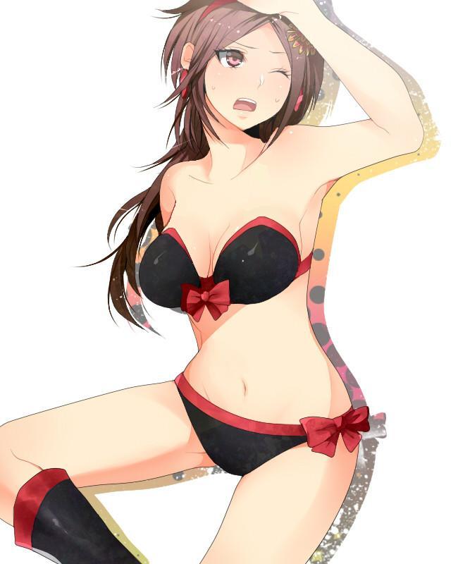 arm_up armpits bare_shoulders bikini brown_eyes brown_hair duplicate female kaihime long_hair midriff navel one_eye_closed open_mouth ribbon sengoku_musou shading_eyes solo strapless strapless_bikini strapless_swimsuit sweat swimsuit wink