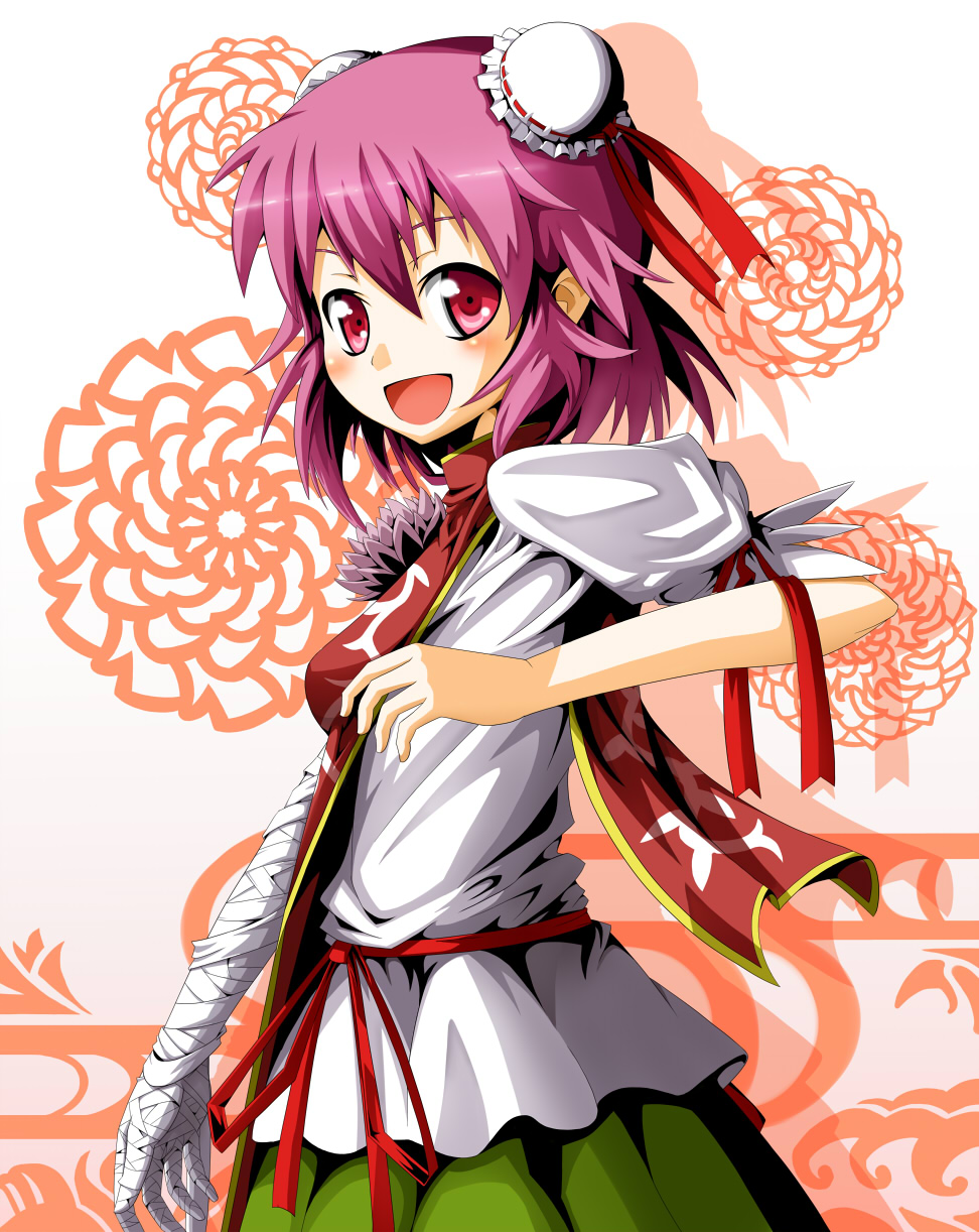 1girl bad_id bad_pixiv_id bandages breasts bun_cover chinese_clothes double_bun dress flower highres ibaraki_kasen medium_breasts open_mouth pink_eyes pink_hair short_hair smile solo touhou