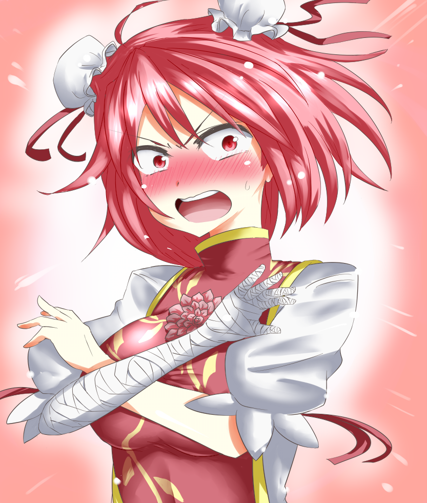 bandages blush breasts bun_cover chinese_clothes double_bun flower ibaraki_kasen large_breasts open_mouth pink_eyes pink_hair short_hair solo takorice touhou upper_body