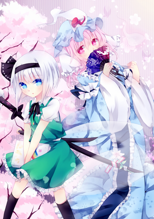 bad_id bad_pixiv_id blue_eyes blush book cherry_blossoms dress_shirt fan flower ghost hairband hat hitodama japanese_clothes katana konpaku_youmu konpaku_youmu_(ghost) multiple_girls nonaka pink_eyes pink_hair saigyouji_yuyuko scabbard sheath sheathed shirt short_hair silver_hair skirt smile sword touhou triangular_headpiece v_arms vest weapon