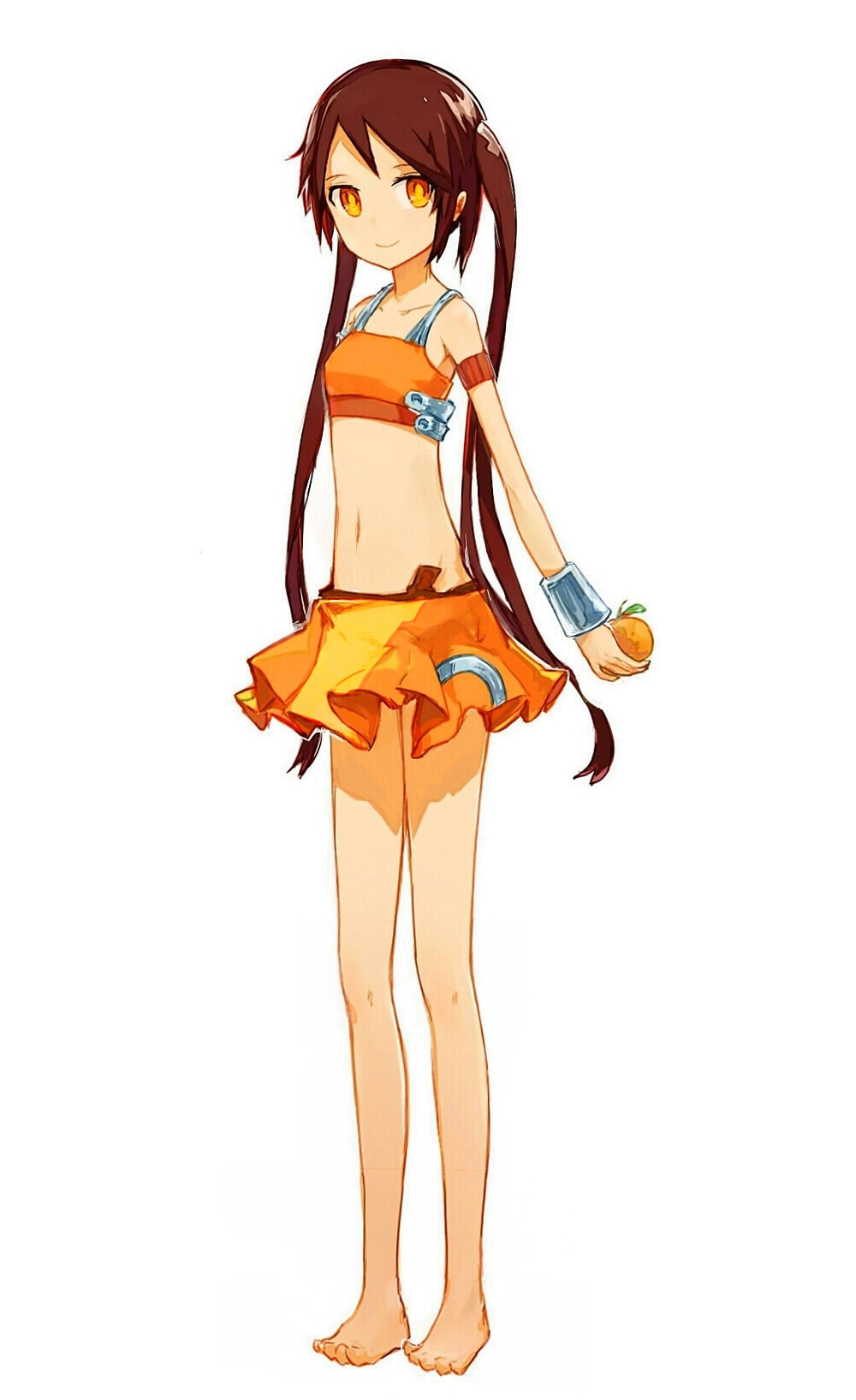 arancia bad_id bad_pixiv_id barefoot brown_hair face feet flat_chest food francisco_valle fruit full_body highres holding holding_food holding_fruit long_hair midriff navel orange orange_eyes orange_skirt original simple_background skirt smile solo standing twintails