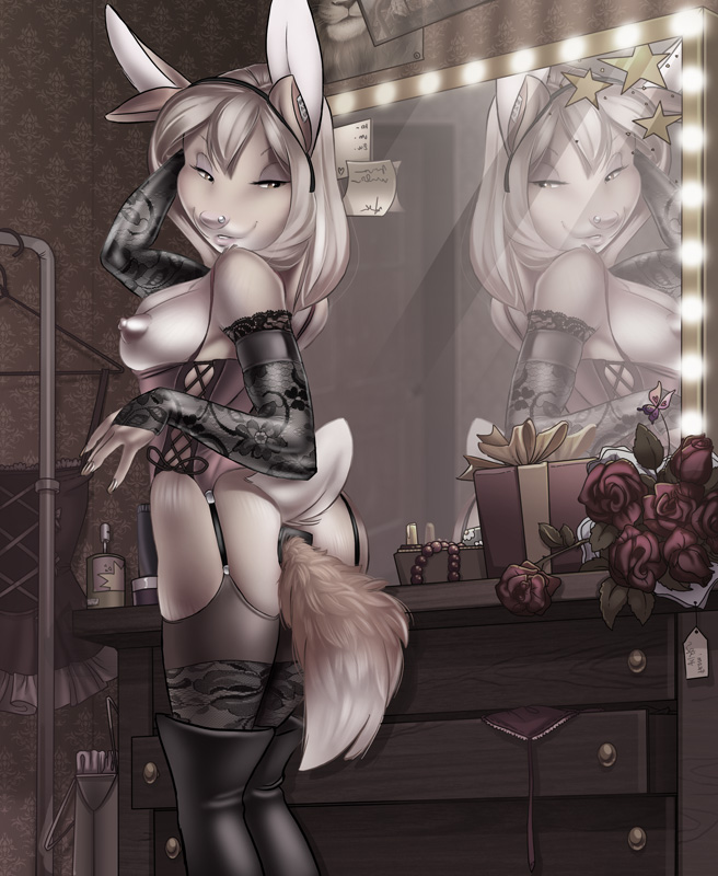 animal_ears boots bottles bra breasts brown_eyes buttplug buttplug_tail corset desk dresser facial_piercing female flower fox_ears fox_tail gift hair impossible_mirror inside lagomorph legwear mammal miles_df mirror monochrome nose_piercing outfit perfume piercing pink_hair plant price_tag rabbit reflection roses sepia sex_toy side_boob skirt solo star stockings tail underwear vika