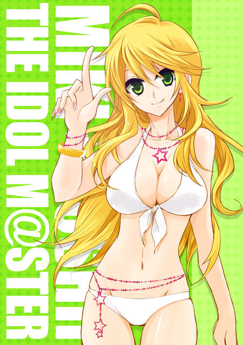ahoge aoi_remi bad_id bad_pixiv_id belly_chain bikini blonde_hair bracelet breasts cleavage earrings front-tie_top green_eyes halter_top halterneck hoshii_miki idolmaster idolmaster_(classic) jewelry large_breasts long_hair navel necklace shiny shiny_skin skindentation smile solo star swimsuit thigh_gap