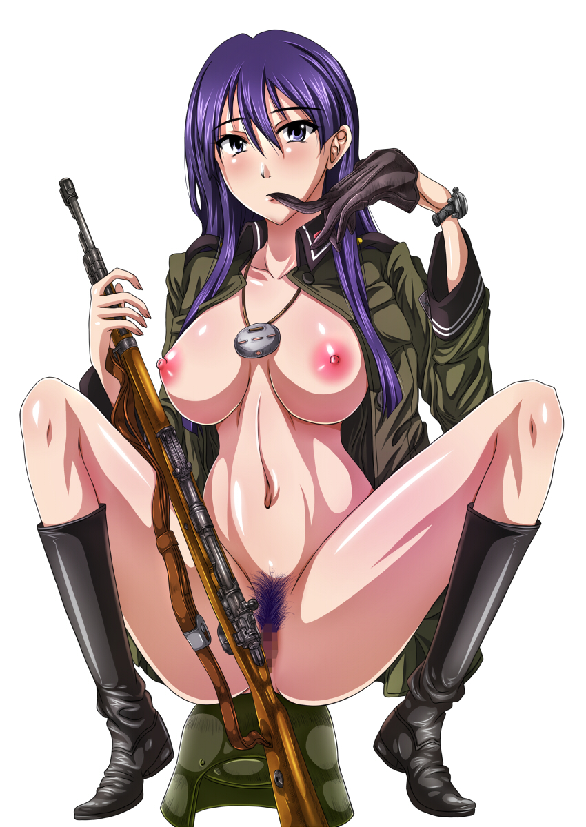 areolae ass bad_id bad_pixiv_id belly between_breasts between_legs between_thighs biting black_gloves black_legwear blush boots breasts breasts_outside buttons censored collarbone colored_pubic_hair covering covering_anus dress_shirt expressionless fingernails full_body glove_biting gloves gun hair_between_eyes hand_to_own_mouth headwear_removed helmet helmet_removed helvetian_military_uniform highres himeshima_koukichi holding kazumiya_rio knee_boots knees lanyard large_areolae large_breasts legs long_fingernails long_hair long_legs looking_at_viewer loose_clothes loose_shirt military military_uniform moderate_pubic_hair mosaic_censoring mouth_hold naked_shirt navel nipples nude open_clothes open_shirt pubic_hair puffy_nipples purple_eyes purple_hair pussy rifle rubber_boots shiny shiny_skin shirt sidelocks simple_background single_glove sitting sitting_on_object sniper_rifle solo sora_no_woto spread_ass spread_legs squatting strap symmetry thick_thighs thighs unbuttoned uniform watch weapon white_background wing_collar wristwatch
