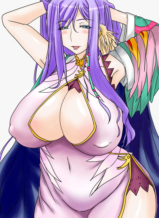 armpits bare_shoulders blue_eyes breasts chinese_clothes cleavage curvy doro_(pixiv1599005) dress erect_nipples hair_intakes hand_in_hair huge_breasts koihime_musou kouchuu long_hair mound_of_venus navel ponytail purple_hair see-through solo squinting standing