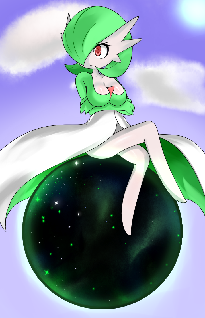 gardevoir green_hair nintendo pokemon red_eyes sitting