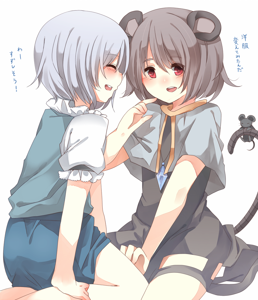 animal_ears bad_id bad_pixiv_id blue_hair blush capelet closed_eyes dress grey_hair hyouka_(rat_hut) jewelry mouse mouse_ears mouse_tail multiple_girls nazrin open_mouth pendant red_eyes short_hair sitting skirt smile tail tatara_kogasa touhou translation_request wariza