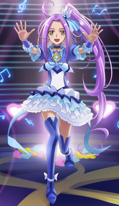 beamed_eighth_notes blue_choker blue_footwear blue_skirt boots bow choker cure_beat dancing frilled_skirt frills hair_ornament happy haruyama_kazunori jewelry kurokawa_eren long_hair long_ponytail magical_girl musical_note open_mouth ponytail precure purple_hair seiren_(suite_precure) side_ponytail skirt smile solo spoilers staff_(music) stage suite_precure thigh_boots thighhighs treble_clef very_long_hair yellow_eyes