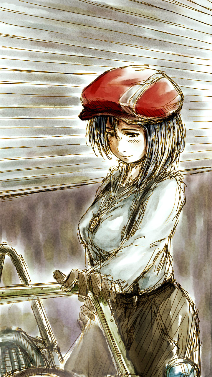 blue_hair car character_request copyright_request daro gloves ground_vehicle hand_on_hip hat highres light_smile motor_vehicle sketch solo