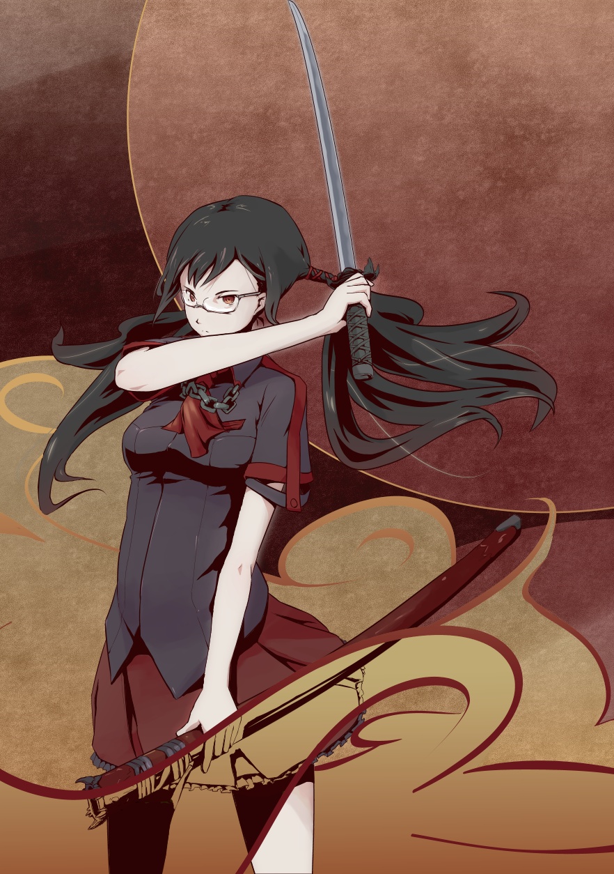 black_hair blood-c glasses highres ipponshimeji kisaragi_saya long_hair red_eyes school_uniform solo sword twintails weapon