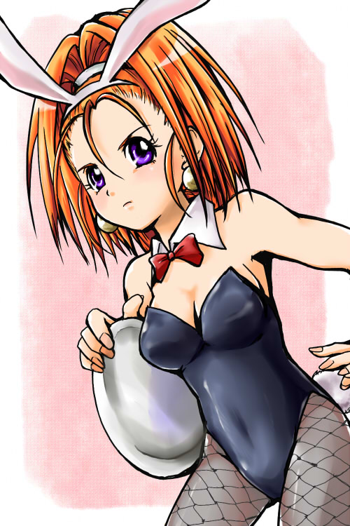 animal_ears barbara blush bow bowtie breasts bunny_ears bunny_tail bunnysuit cleavage dragon_quest dragon_quest_vi earrings fishnet_pantyhose fishnets forehead high_ponytail jewelry long_hair medium_breasts namako_nowata orange_hair pantyhose ponytail purple_eyes solo tail tray