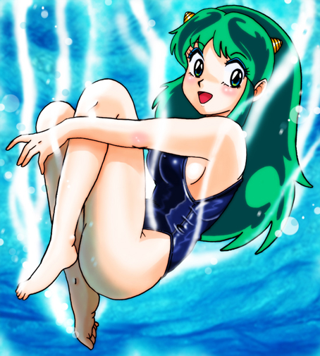 blush green_hair horns long_hair lum oni swimsuit tagme underwater urusei_yatsura