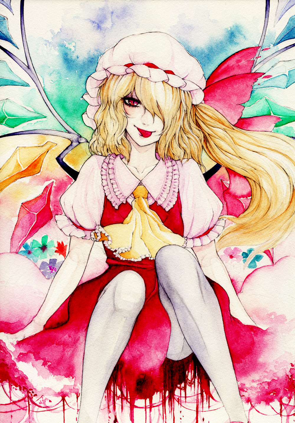 :p bad_id bad_pixiv_id blonde_hair flandre_scarlet hat highres lewis pantyhose ponytail red_eyes short_hair side_ponytail solo tongue tongue_out touhou wings