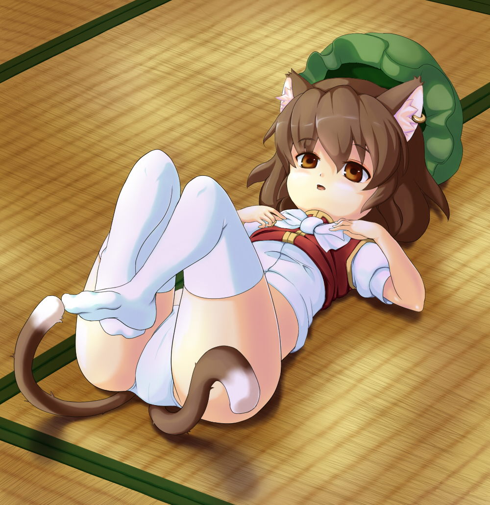 animal_ears bad_hands bad_id bad_pixiv_id brown_eyes brown_hair cat_ears cat_tail chen child earrings feet hat jewelry multiple_tails panties short_hair sipu socks soles solo tail thighhighs touhou underwear