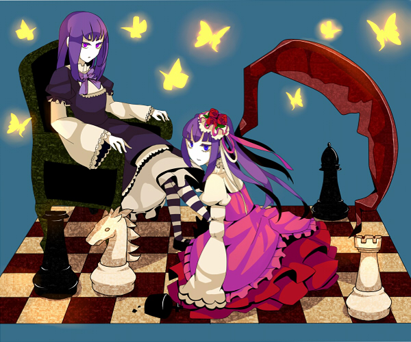 blue_eyes board_game bow butterfly chess chessboard dress frederica_bernkastel furudo_erika hair_ornament purple_eyes purple_hair sitting umineko_no_naku_koro_ni violet_eyes