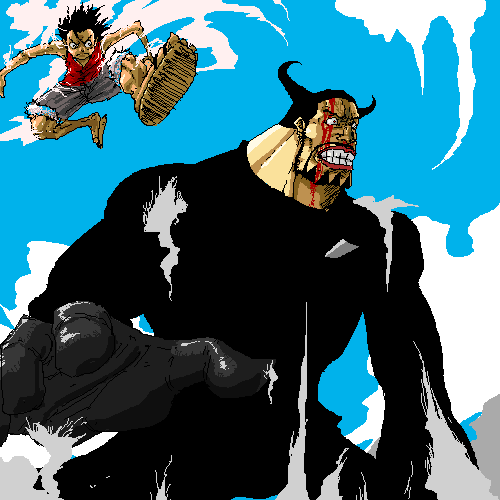 2boys 2guys beard black_gloves black_hair black_shirt blood blue_sky blueno clenched_hand clenched_teeth cloud enies_lobby epic facial_hair fight fighting formal frown gear_second glaring gloves jumping lowres male male_focus monkey_d_luffy multiple_boys mustache oekaki one_piece pirate sandals scar serious shirt sky steam suit teeth