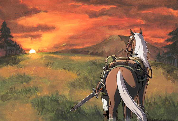 blonde_hair epona hat holding holding_sword holding_weapon horse left-handed link pointy_ears scenery sunset sword the_legend_of_zelda weapon yajiro_masaru