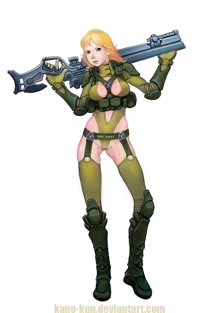 army battle blonde_hair blue_eyes boots breasts catsuit cleavage fight fighting girl gun kano-kun long_boots long_hair marine marksman military olive rifle sci_fi science_fiction scifi sniper stockings swimsuit thigh-highs thighhighs uniform warrior weapon