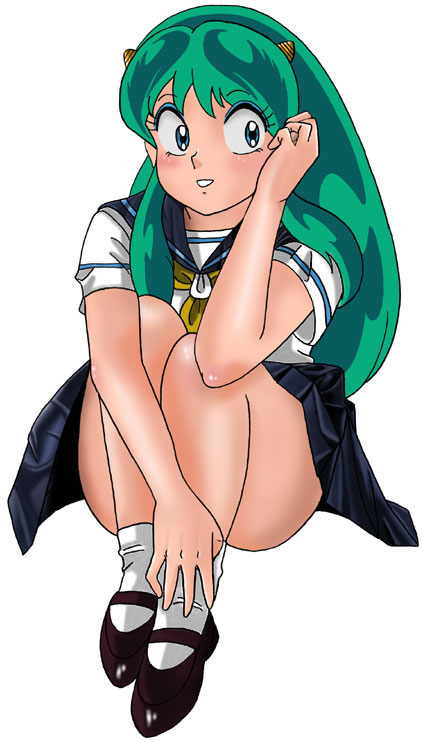 blush green_hair horns legs long_hair lum oni school_uniform skirt tagme urusei_yatsura