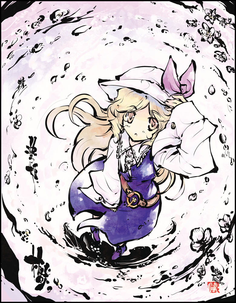 belt blonde_hair calligraphy flower from_above holding_head kanji long_hair looking_up solo standing tokiame touhou watatsuki_no_toyohime